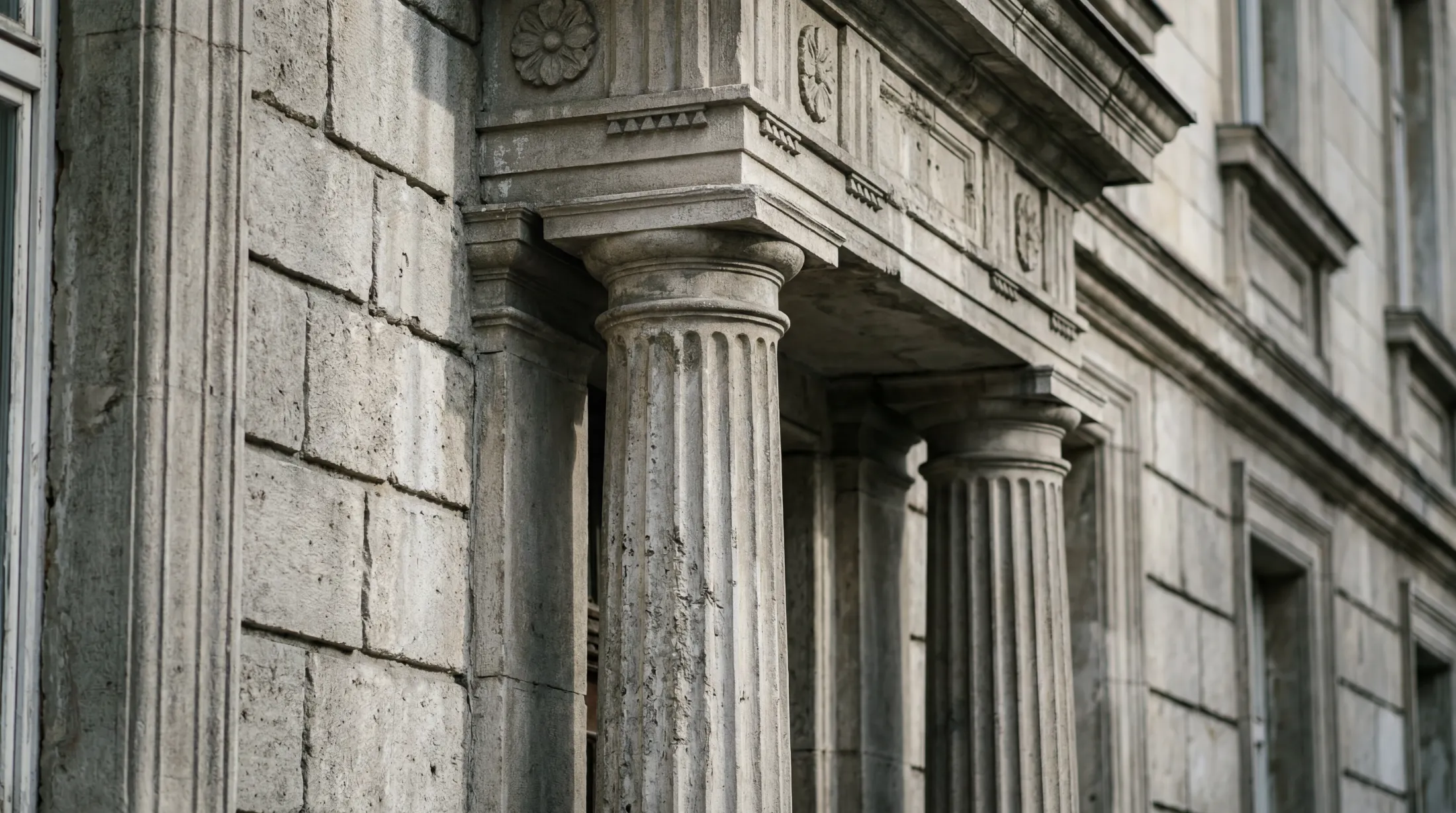 A neoclassical stone facade with fluted columns in central Sofia